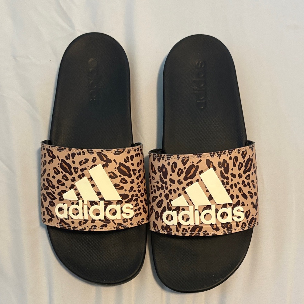 Adidas Brown Leopard Pattern Slides